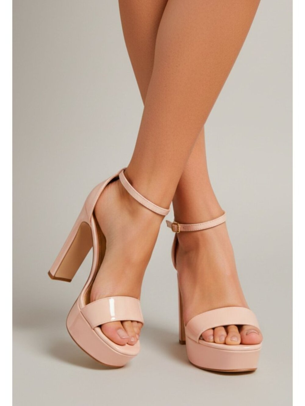 Patent Nude Platform Heels With Ankle Strap & Block Heel - Elegant Evening Style